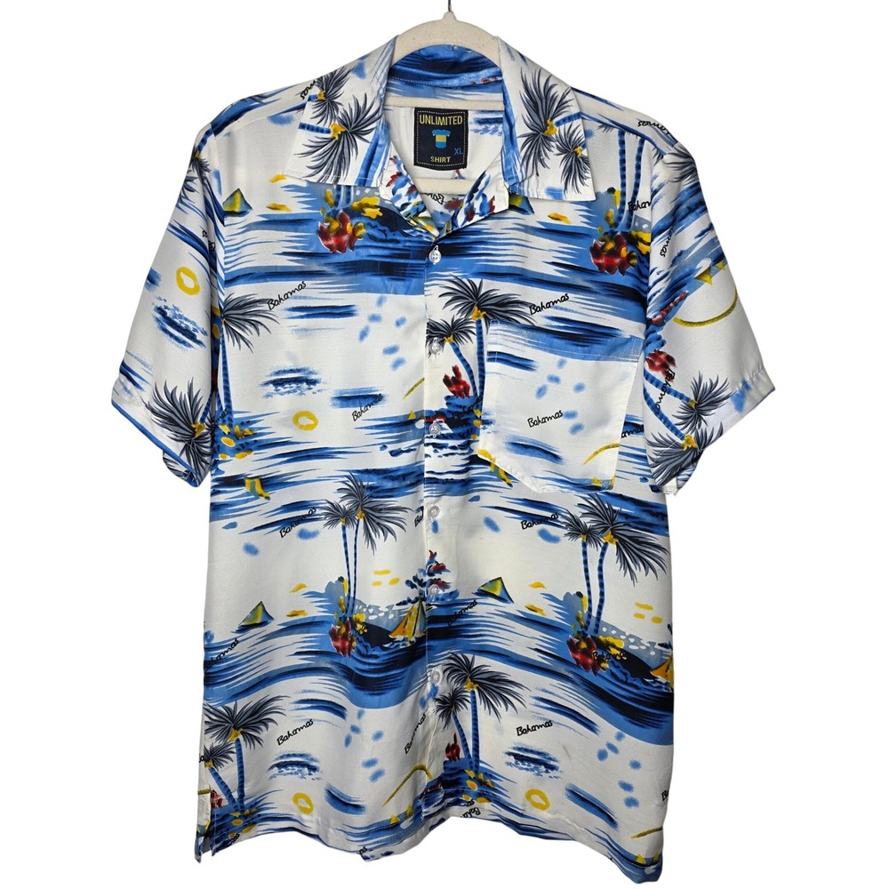 Unlimited Bahamas Tropical Palm Tree Shirt XL Blue White Camp Button Down Mens
